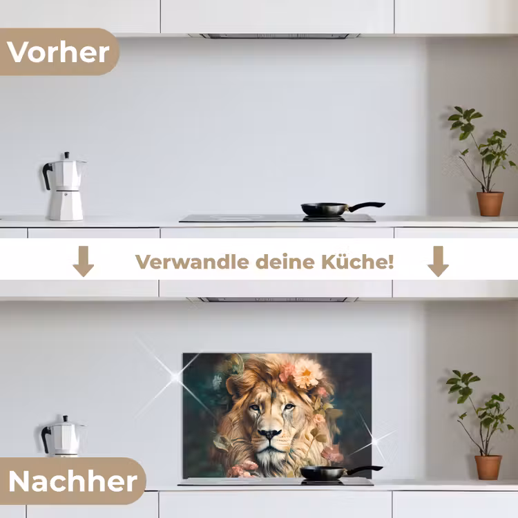 Leeuw - Leeuwenkop - Wilde dieren - Bloemen keuken achterwand spatscherm klein -voor_na_DE