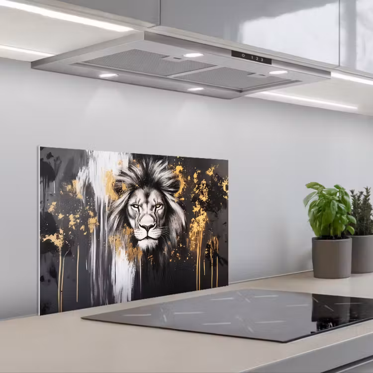 Leeuw - Portret - Verfspatten - Grijs keuken achterwand spatscherm klein -3d_schuin