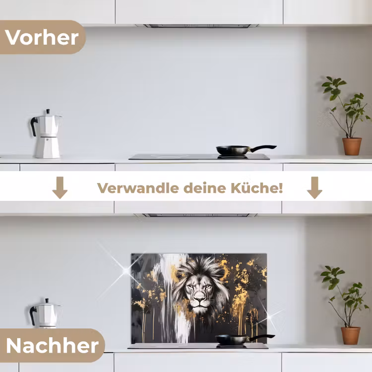 Leeuw - Portret - Verfspatten - Grijs keuken achterwand spatscherm klein -voor_na_DE