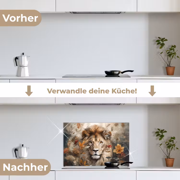 Leeuw - Wilde dieren - Planten - Natuur - Bloemen keuken achterwand spatscherm klein -voor_na_DE