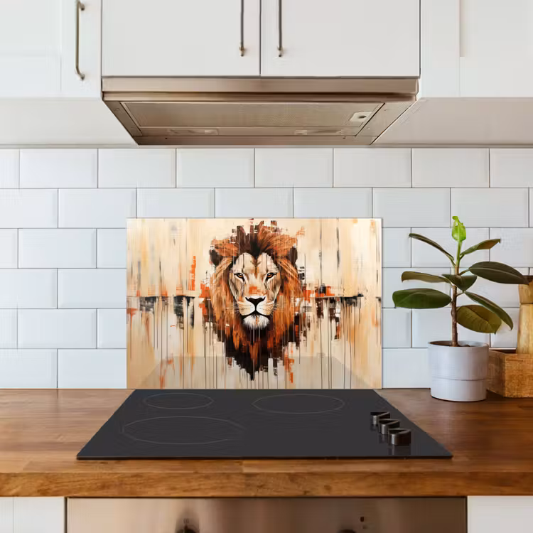 Leeuwenkop - Lijnen - Crème keuken achterwand spatscherm klein -sfeer2