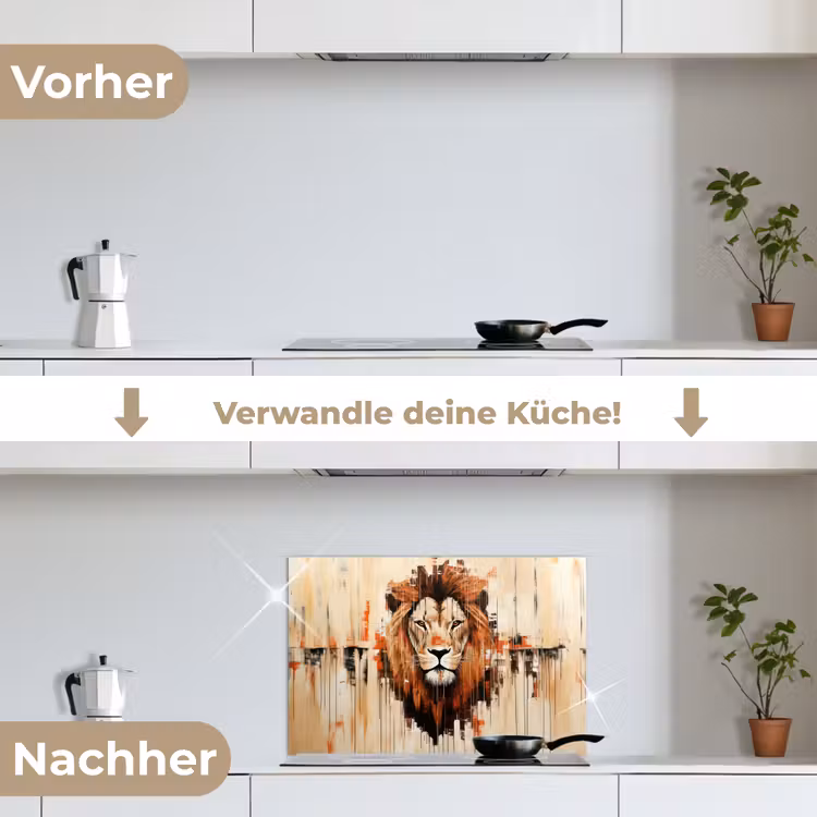 Leeuwenkop - Lijnen - Crème keuken achterwand spatscherm klein -voor_na_DE