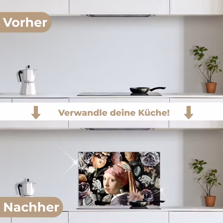 Meisje met de parel - Bloemen - Vermeer - Pastel - Kunstwerk - Schilderij - Oude meesters keuken achterwand spatscherm klein -voor_na_DE