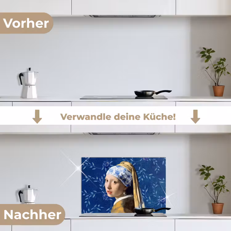 Meisje met de parel - Delfts blauw - Vermeer - Bloemen - Schilderij - Oude meesters keuken achterwand spatscherm klein -voor_na_DE