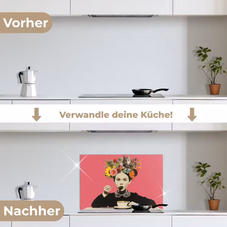 Meisje - Kopje - Bloemen - Roze keuken achterwand spatscherm klein -voor_na_DE