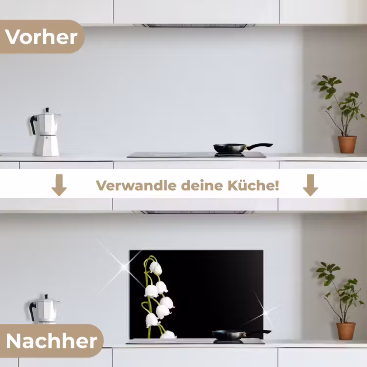 Lelietjes van dalen - Bloemen - Zwart - Flora keuken achterwand spatscherm klein -voor_na_DE