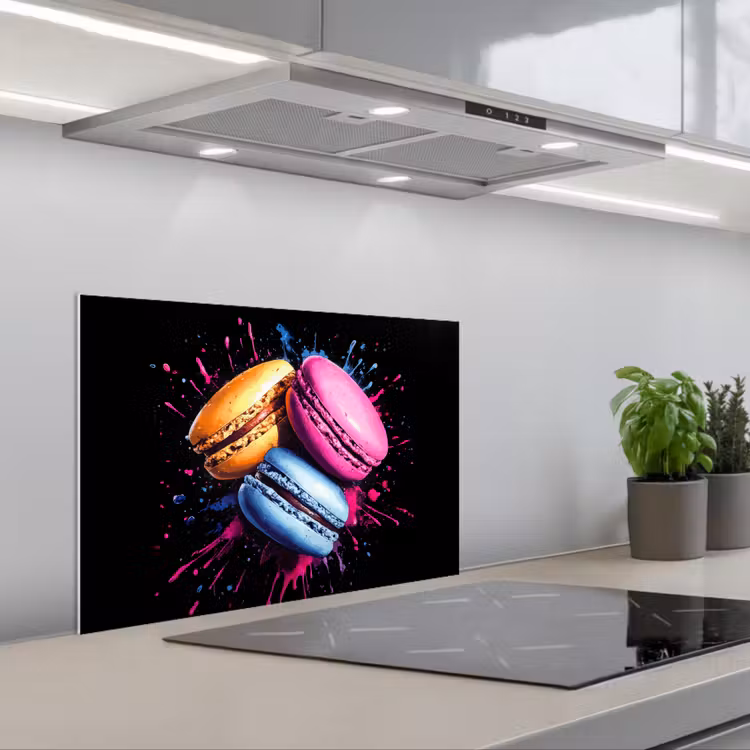 Macarons - Dessert - Graffiti - Kleurrijk - Roze - Blauw - Geel keuken achterwand spatscherm klein -3d_schuin