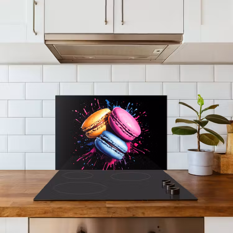Macarons - Dessert - Graffiti - Kleurrijk - Roze - Blauw - Geel keuken achterwand spatscherm klein -sfeer2