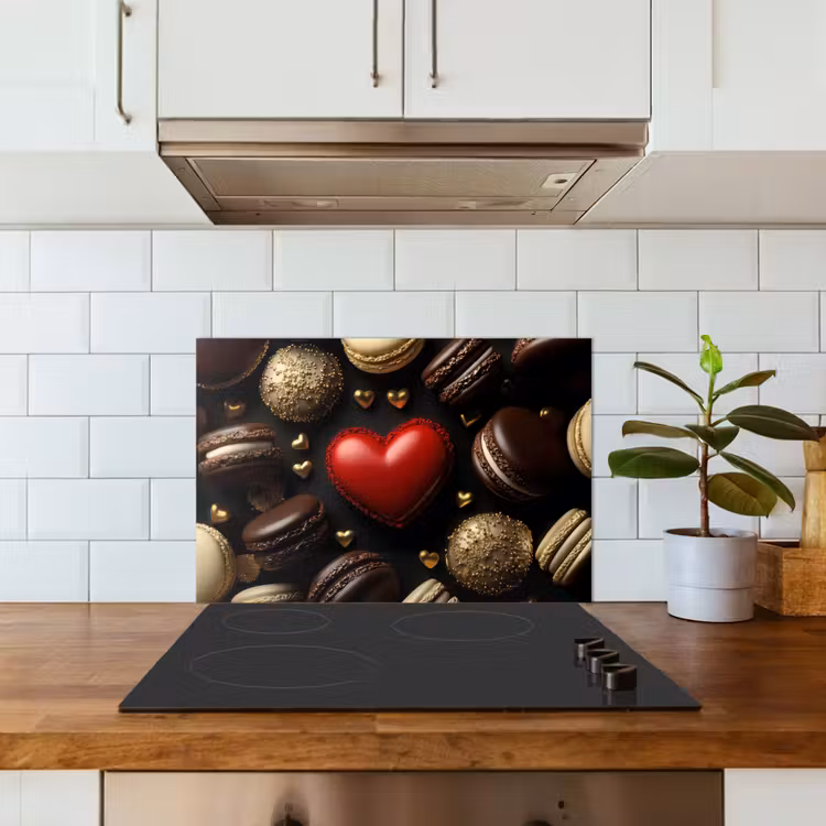 Macarons - Rood - Hart keuken achterwand spatscherm klein -sfeer2