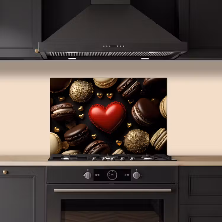 Macarons - Rood - Hart keuken achterwand spatscherm klein -sfeer1