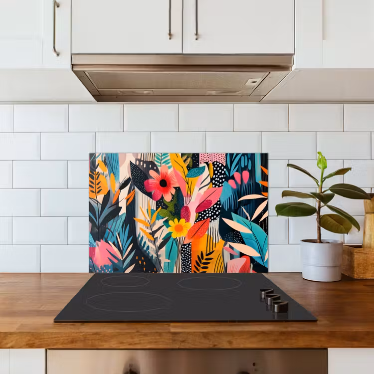 Schilderij - Abstract - Bloemen - Roze keuken achterwand spatscherm klein -sfeer2
