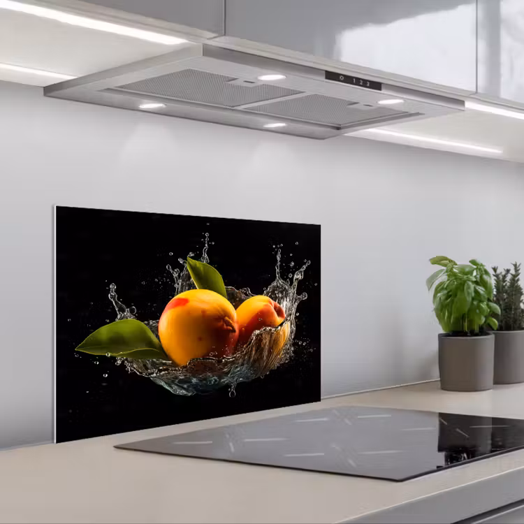 Mango - Fruit - Water - Zwart - Bladeren keuken achterwand spatscherm klein -3d_schuin