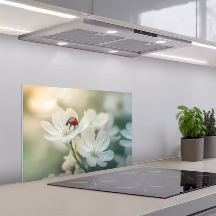 Lieveheersbeestje - Bloemen - Wit keuken achterwand spatscherm klein -3d_schuin