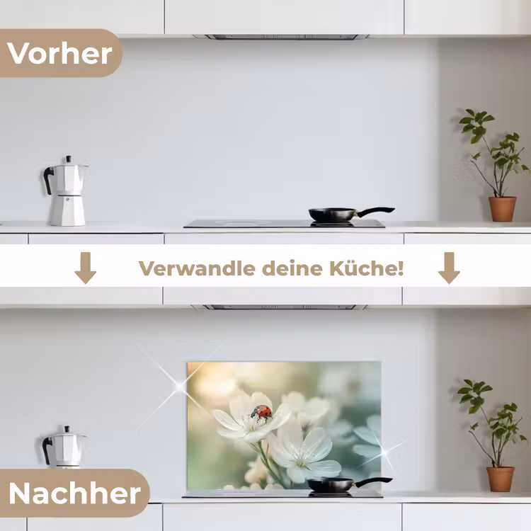 Lieveheersbeestje - Bloemen - Wit keuken achterwand spatscherm klein -voor_na_DE