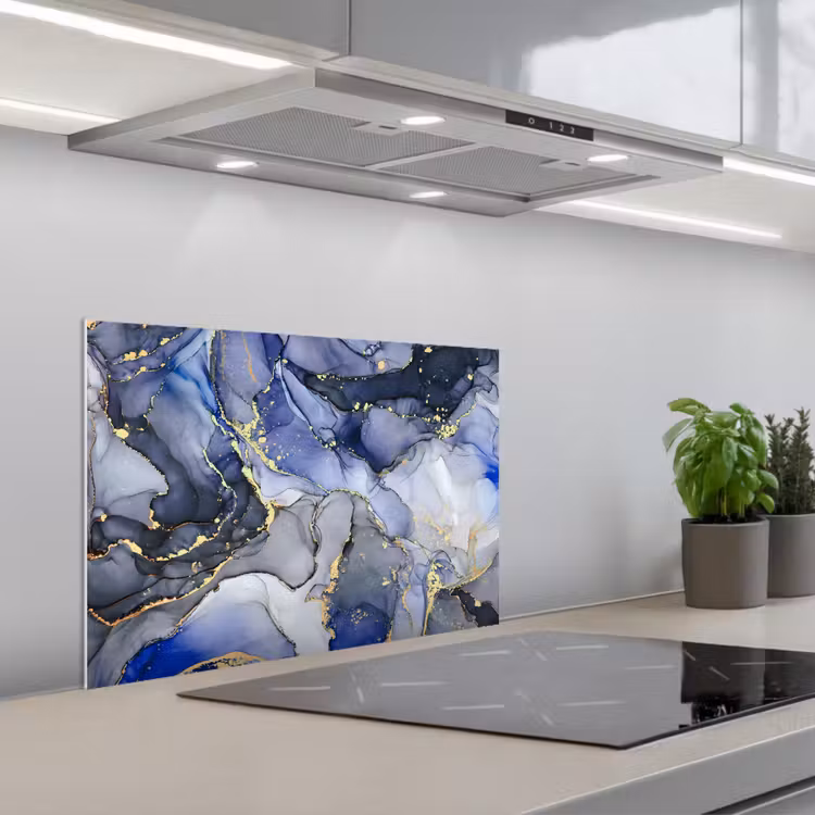 Marmer - Goud - Abstract - Blauw keuken achterwand spatscherm klein -3d_schuin