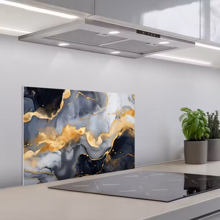 Marmer - Goud - Abstract - Luxe - Zwart en Wit keuken achterwand spatscherm klein -3d_schuin