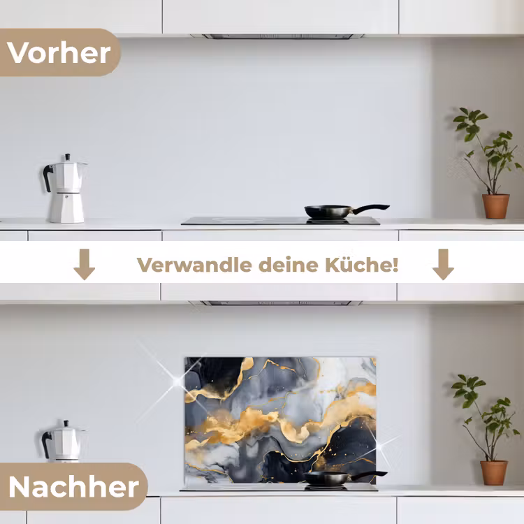 Marmer - Goud - Abstract - Luxe - Zwart en Wit keuken achterwand spatscherm klein -voor_na_DE