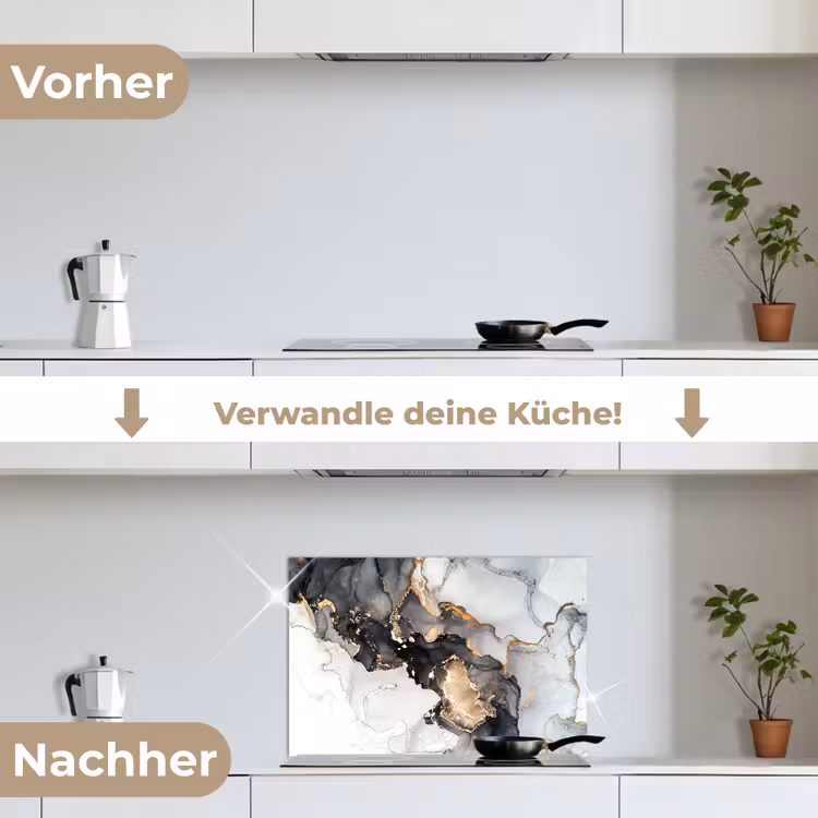 Marmer - Goud - Abstract - Zwart Wit - Luxe keuken achterwand spatscherm klein -voor_na_DE