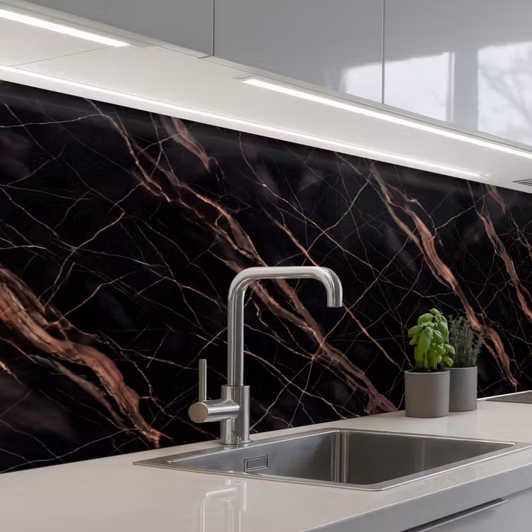 Marmer - Goud - Patroon - Luxe - Zwart keuken achterwand 2 middel -3d_schuin
