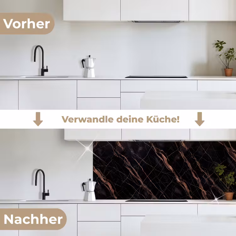 Marmer - Goud - Patroon - Luxe - Zwart keuken achterwand 2 middel -voor-na_DE