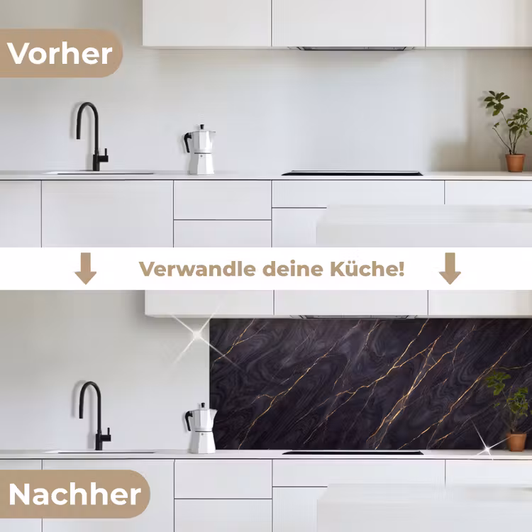 Marmer - Goudaders - Abstract - Modern - Zwart keuken achterwand 2 middel -voor-na_DE