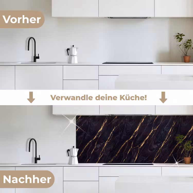 Marmer - Gouden aders - Abstract - Zwart keuken achterwand 2 middel -voor-na_DE