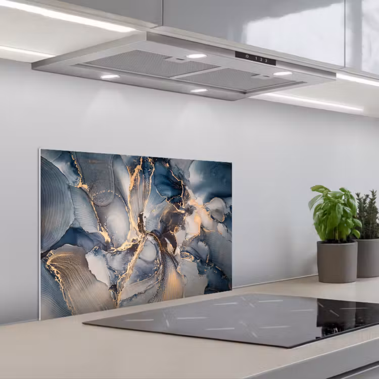 Marmer - Grijs - Blauw - Luxe - Goud keuken achterwand spatscherm klein -3d_schuin