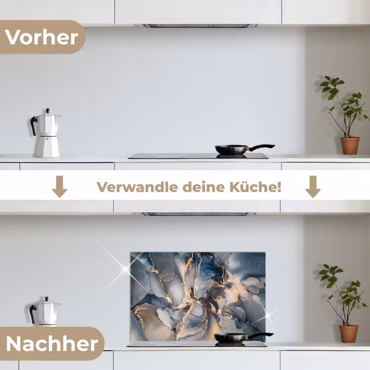 Marmer - Grijs - Blauw - Luxe - Goud keuken achterwand spatscherm klein -voor_na_DE