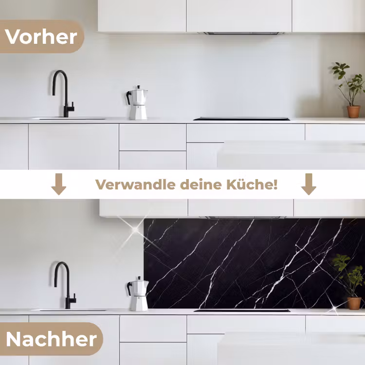 Marmer - Patroon - Abstract - Modern - Zwart keuken achterwand 2 middel -voor-na_DE