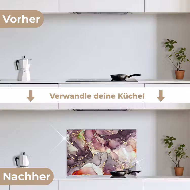 Marmer - Rood - Paars - Goud keuken achterwand spatscherm klein -voor_na_DE