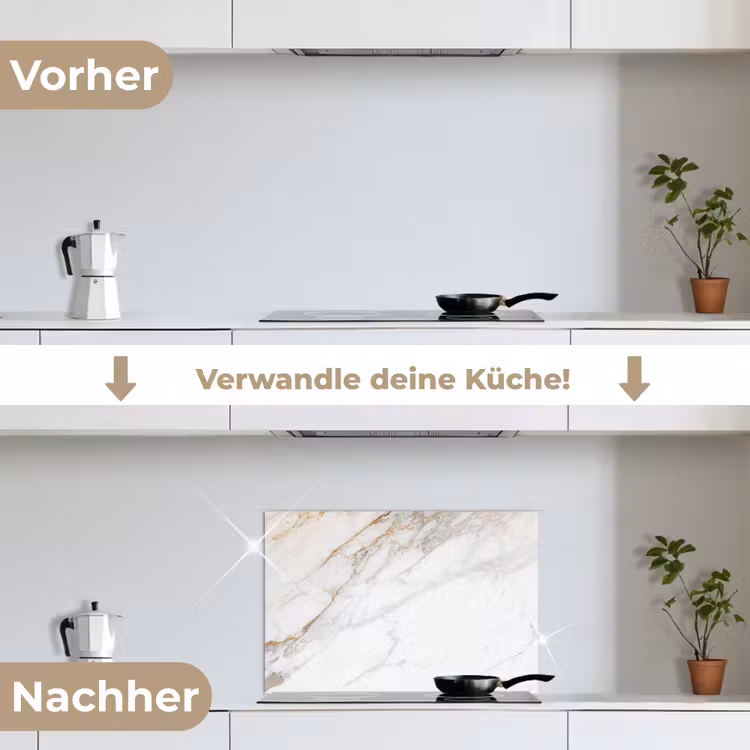 Marmer - Steen - Wit - Goud - Marmerlook - Steen - Luxe keuken achterwand spatscherm klein -voor_na_DE