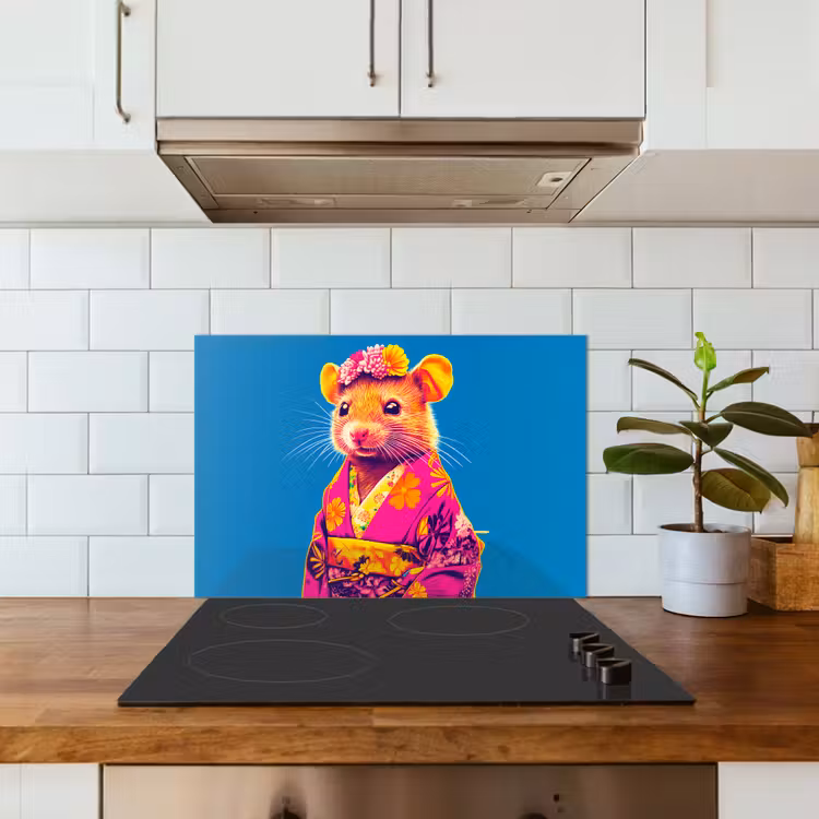 Muis - Kimono - Bloemen - Blauw keuken achterwand spatscherm klein -sfeer2