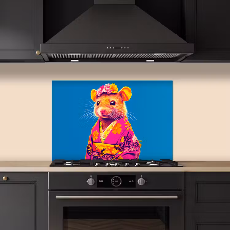 Muis - Kimono - Bloemen - Blauw keuken achterwand spatscherm klein -sfeer1