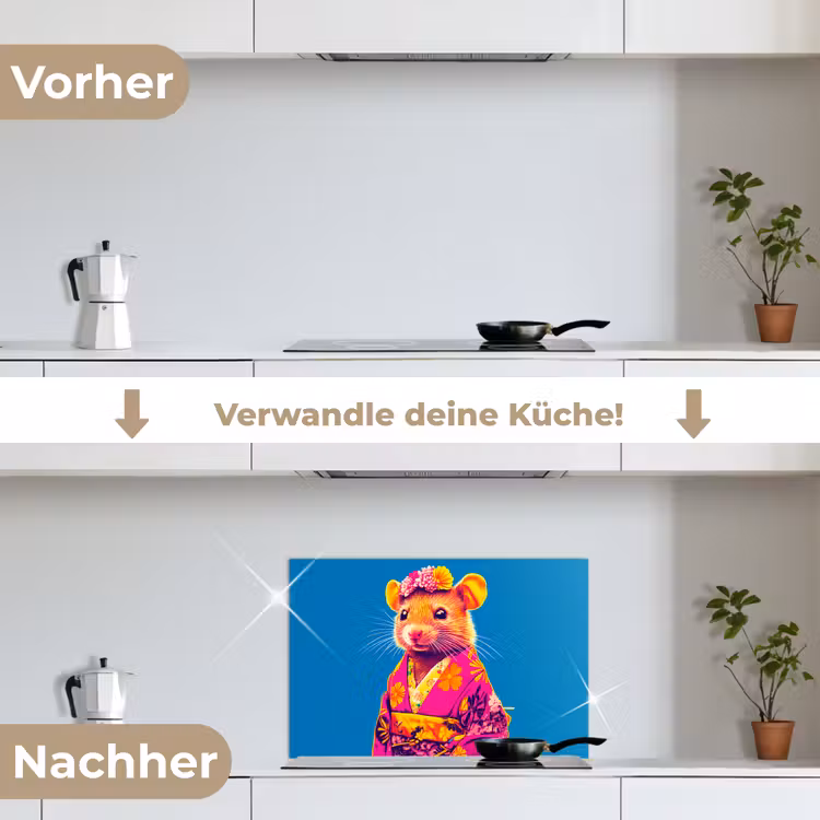 Muis - Kimono - Bloemen - Blauw keuken achterwand spatscherm klein -voor_na_DE