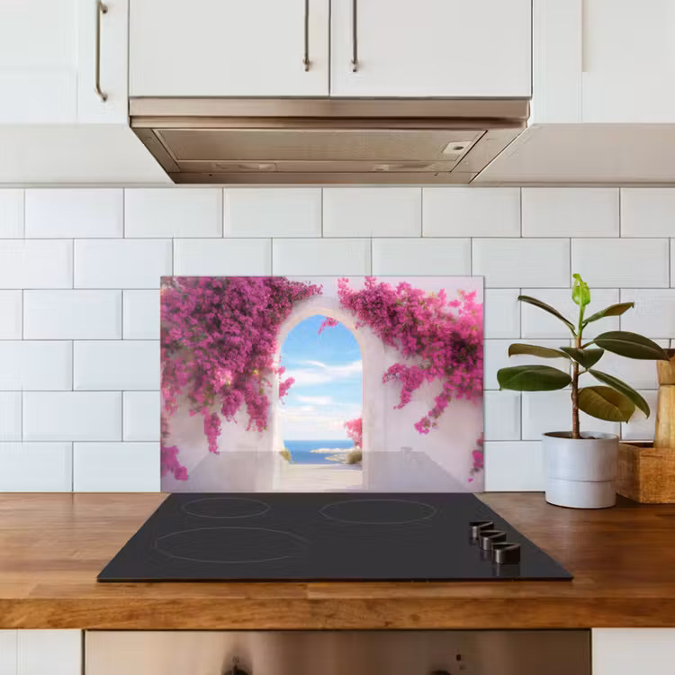 Zee - Roze - Bloemen - Poort keuken achterwand spatscherm klein -sfeer2