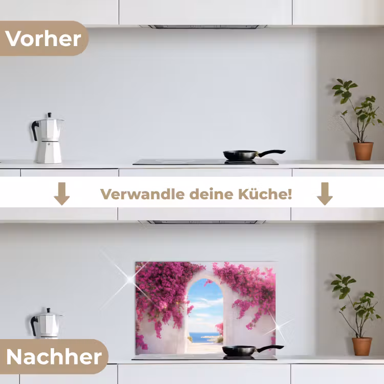 Zee - Roze - Bloemen - Poort keuken achterwand spatscherm klein -voor_na_DE