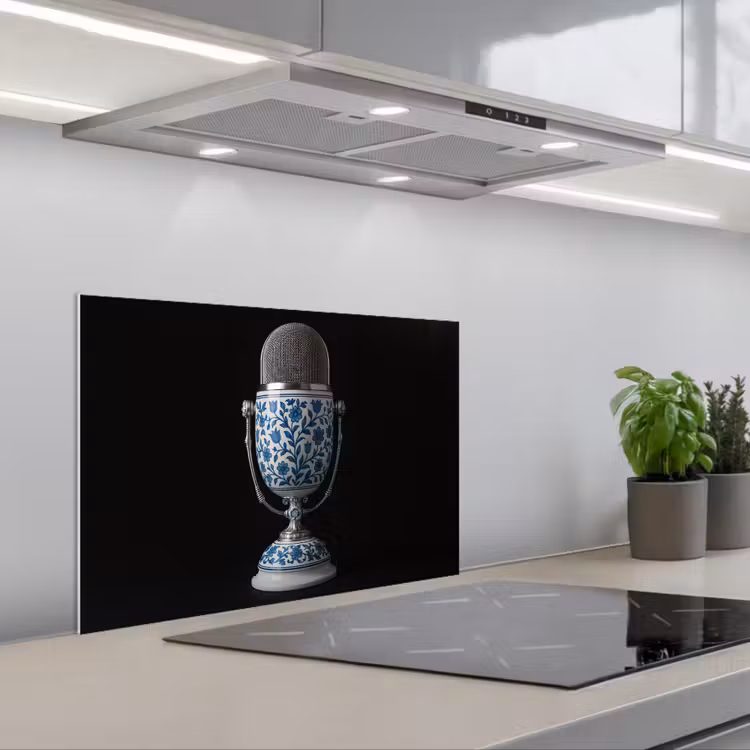Microfoon - Delfts blauw - Muziek keuken achterwand spatscherm klein -3d_schuin