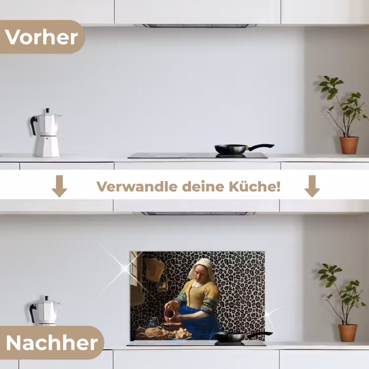 Melkmeisje - Kunst - Panterprint - Vermeer - Schilderij - Oude meesters keuken achterwand spatscherm klein -voor_na_DE