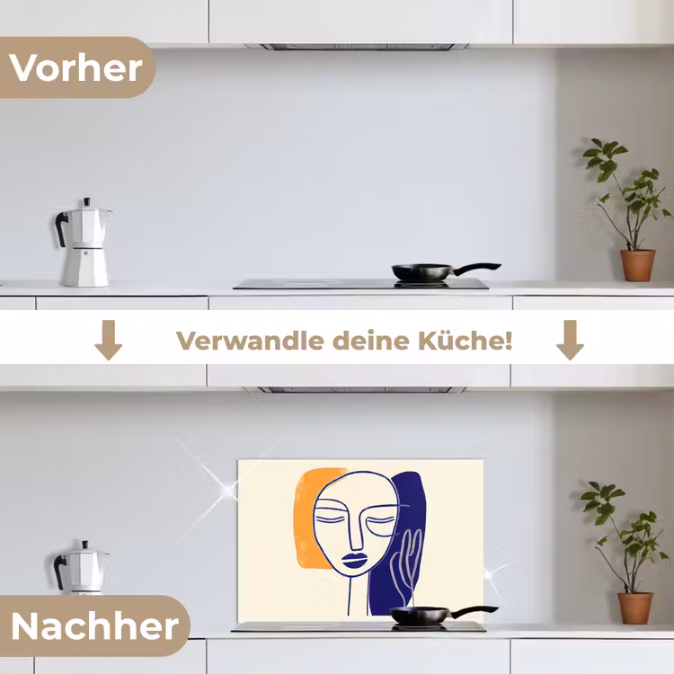 Minimalistisch - Gezicht - Hand - Oranje - Blauw keuken achterwand spatscherm klein -voor_na_DE