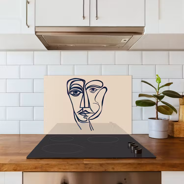 Minimalistisch - Lijnillustratie - Beige - Donkerblauw keuken achterwand spatscherm klein -sfeer2