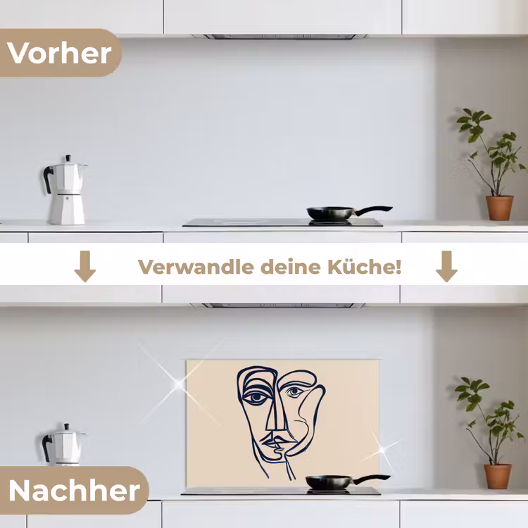 Minimalistisch - Lijnillustratie - Beige - Donkerblauw keuken achterwand spatscherm klein -voor_na_DE