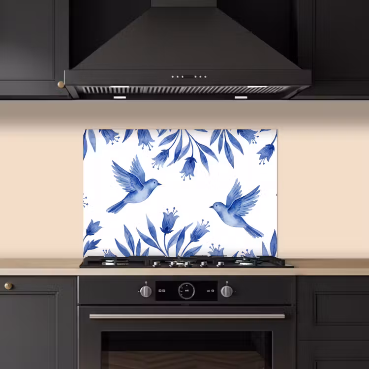 Modern - Vogels - Delfts - Blauw keuken achterwand spatscherm klein -sfeer1