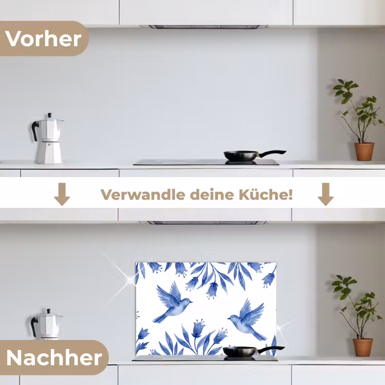 Modern - Vogels - Delfts - Blauw keuken achterwand spatscherm klein -voor_na_DE