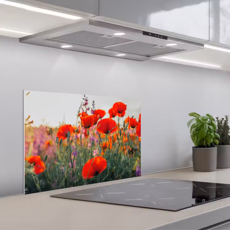 Klaproos - Bloemen - Rood - Paars - Weide keuken achterwand spatscherm klein -3d_schuin