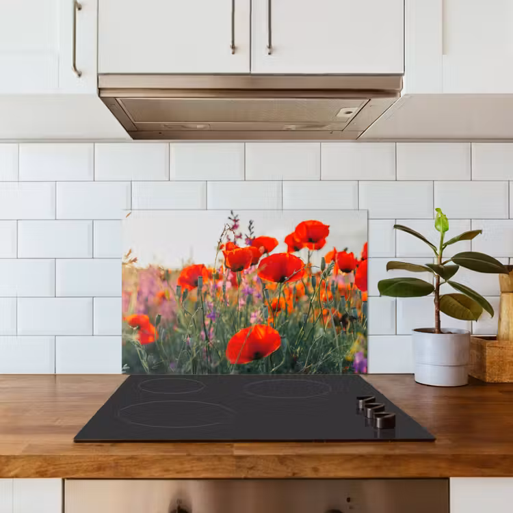 Klaproos - Bloemen - Rood - Paars - Weide keuken achterwand spatscherm klein -sfeer2