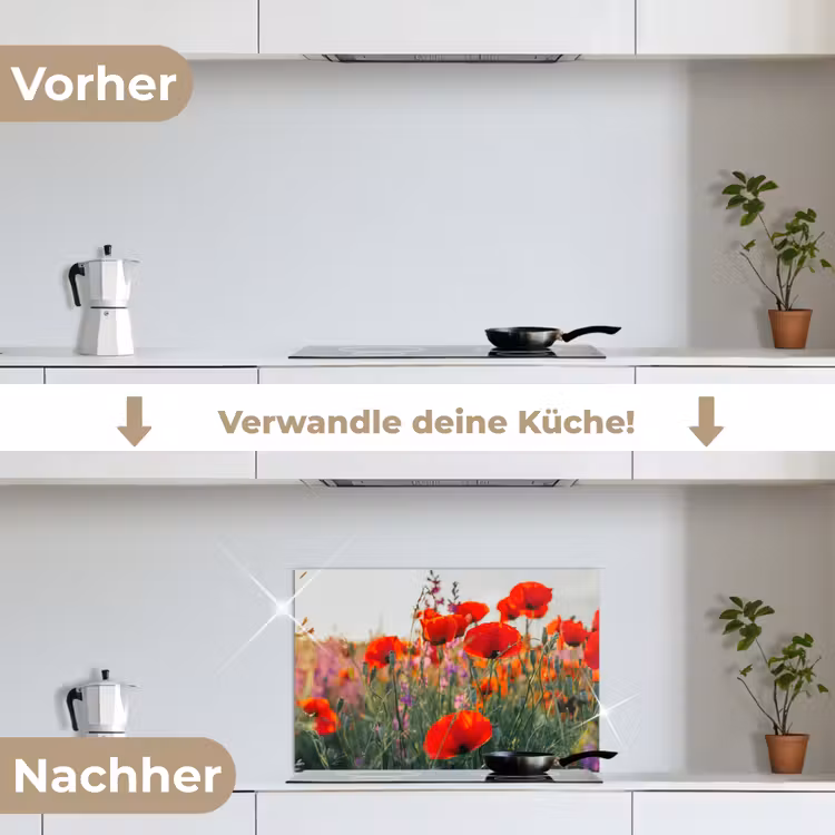 Klaproos - Bloemen - Rood - Paars - Weide keuken achterwand spatscherm klein -voor_na_DE