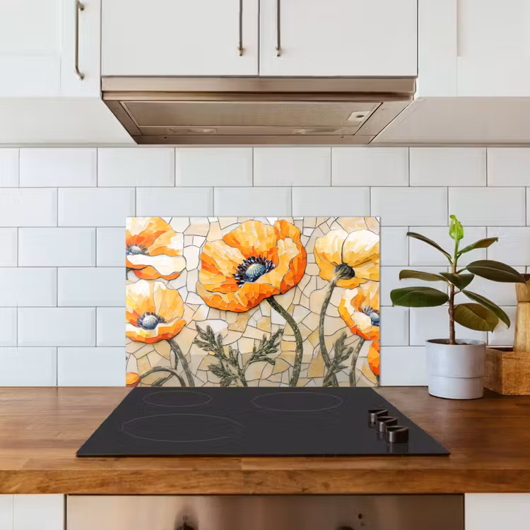 Klaprozen - Oranje - Mozaïek - Bladeren keuken achterwand spatscherm klein -sfeer2