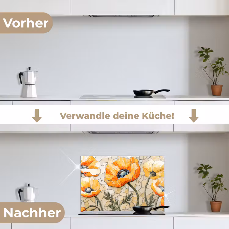 Klaprozen - Oranje - Mozaïek - Bladeren keuken achterwand spatscherm klein -voor_na_DE