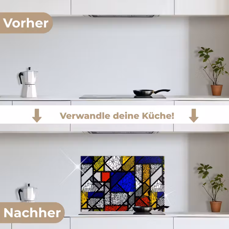 Mondriaan - Glas in lood - Oude Meesters - Kunstwerk - Abstract - Schilderij keuken achterwand spatscherm klein -voor_na_DE