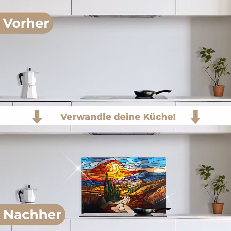 Mozaïek - Zon - Landschap - Dorp keuken achterwand spatscherm klein -voor_na_DE